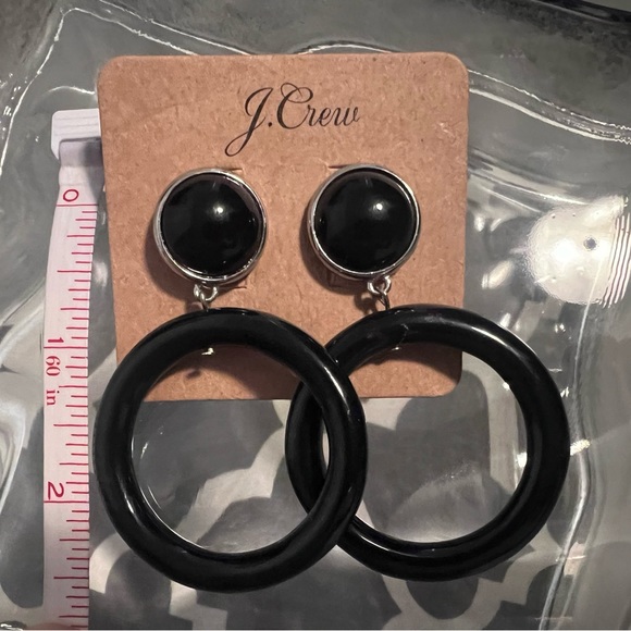 J Crew NWT Black Plastic W/Silver Trim Hoop Pierced Earrings - Picture 2 of 3